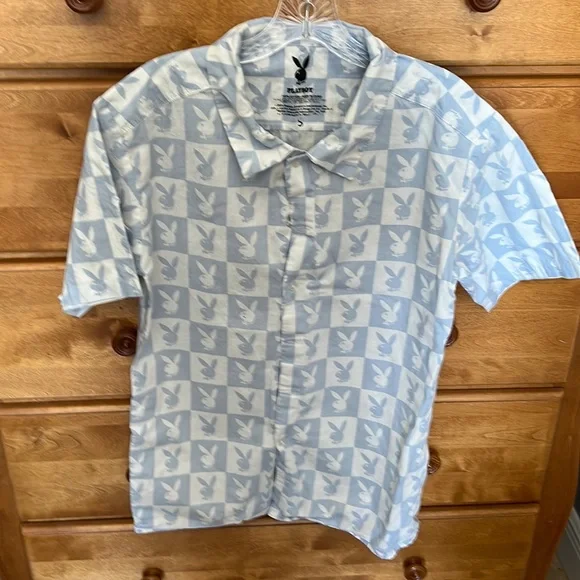 playboy dress shirts Playboy Vintage Light Blue Dress Shirt Subtle Bunny Logo Tonal Buttons XXL Cotton
